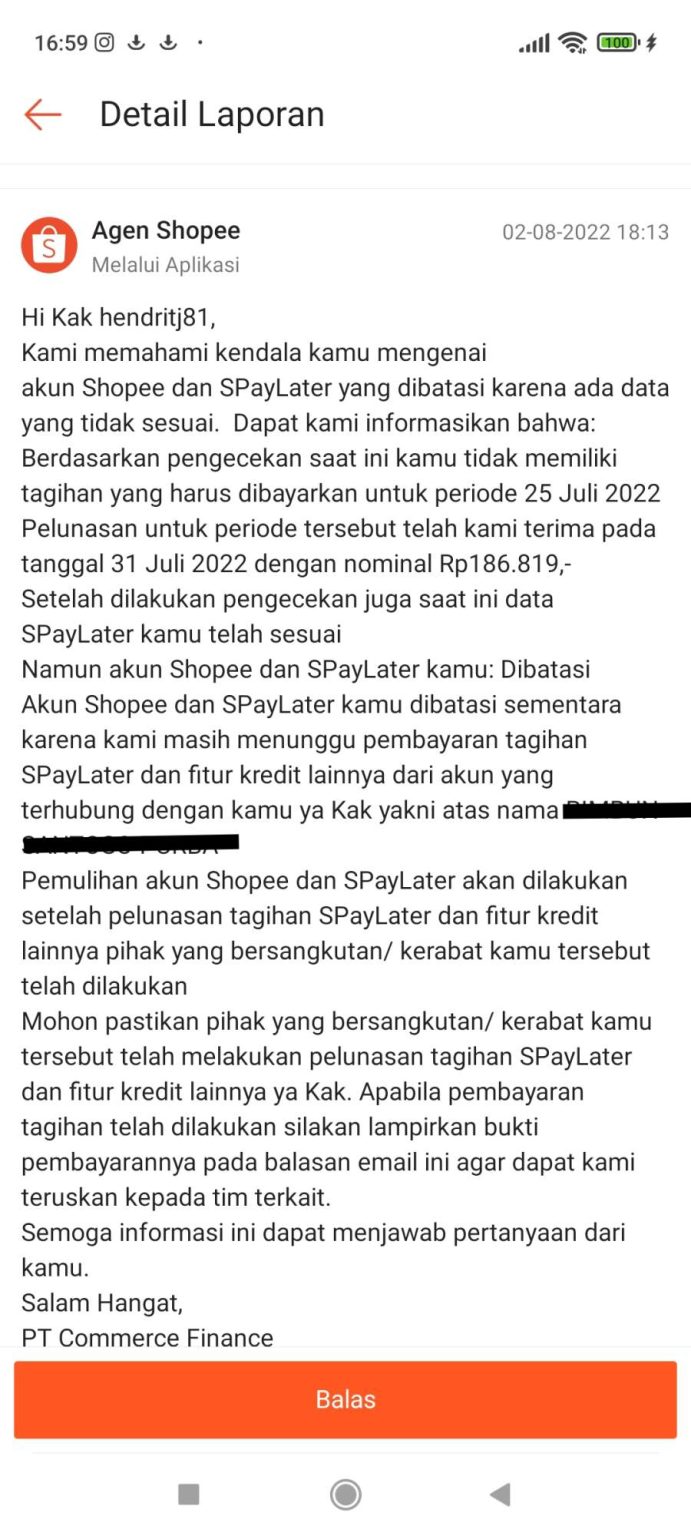 Akun Shopee Dan Spaylater Diblokir Karena Tunggakan Kakak Ipar