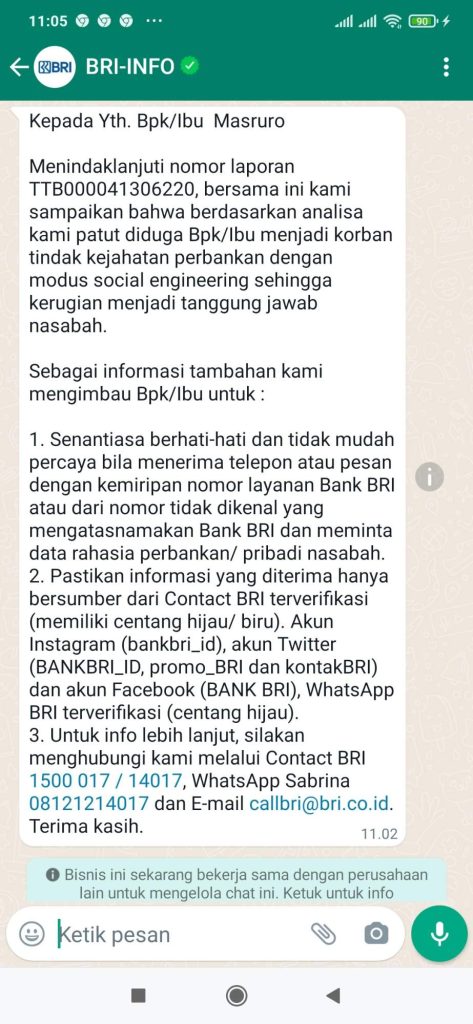 Penipuan Melalui Whatsapp Mengatasnamakan Bank Bri Membobol Akun Brimo