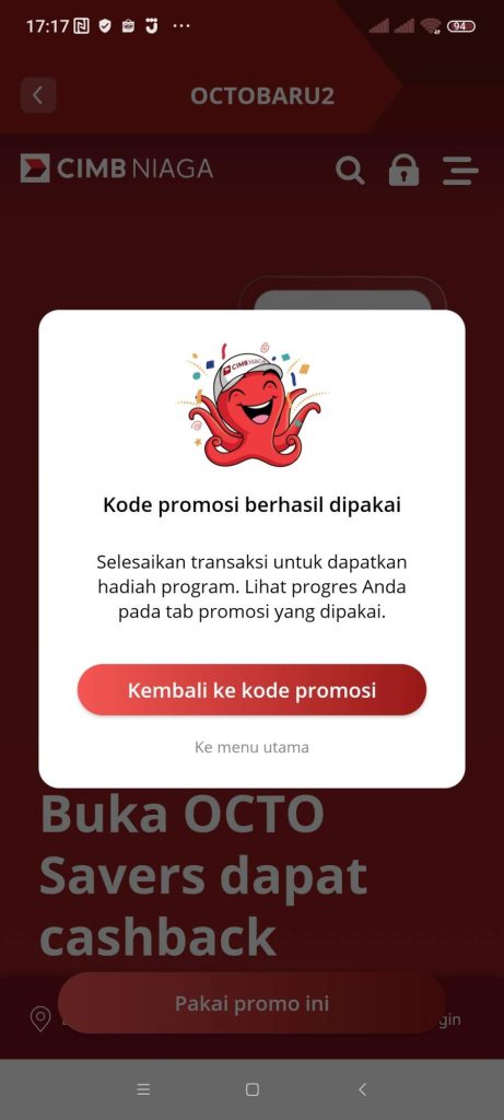 Tidak Mendapatkan Poin Xtra Dan Cashback Atas Pembukaan Rekening OCTO