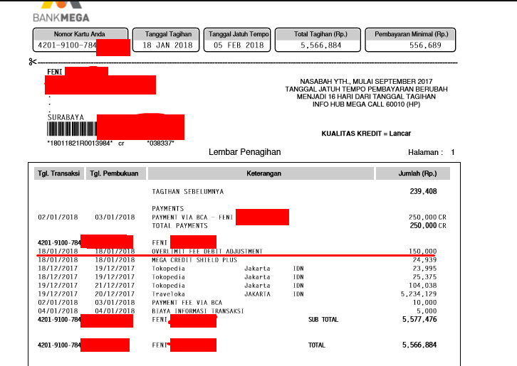 Tagihan Kartu Kredit Bank Mega Yang Dibilang Overlimit Tanpa