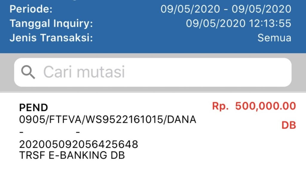 Mutasi debet dari rekening BCA saya