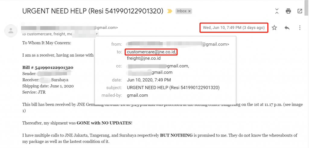 Email yang tidak ditanggapi oleh pihak JNE