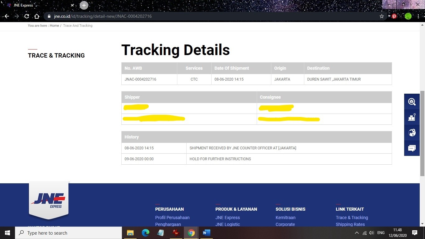 Tracking details. Jne tracking.