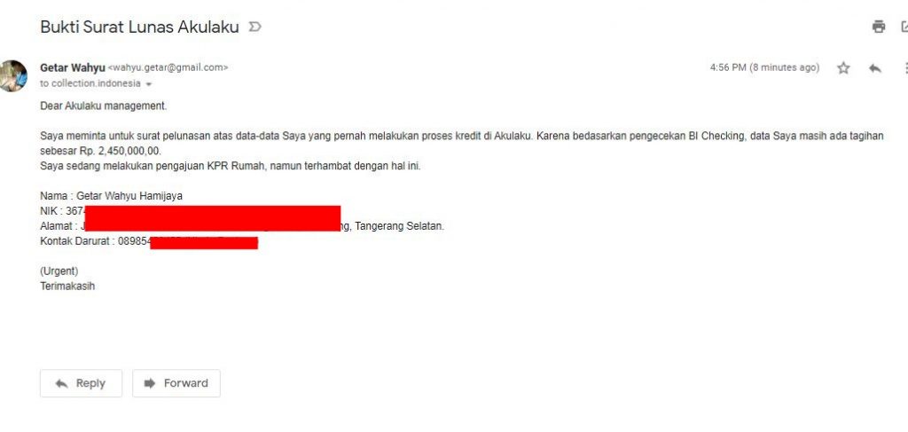 Permintaan Surat Keterangan Lunas Akulaku Lewat Email