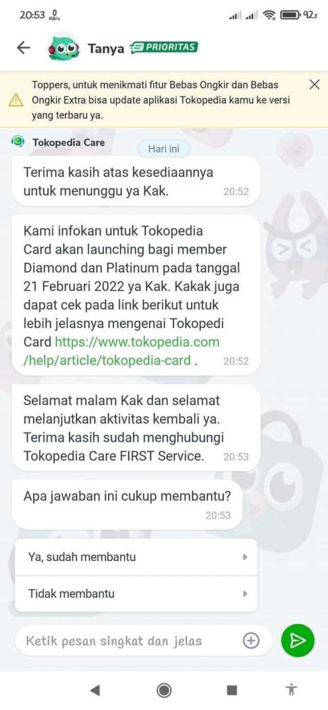 Pengajuan Tokopedia Card (Kartu Kredit Co-Brand BRI) Yang Tidak Jelas