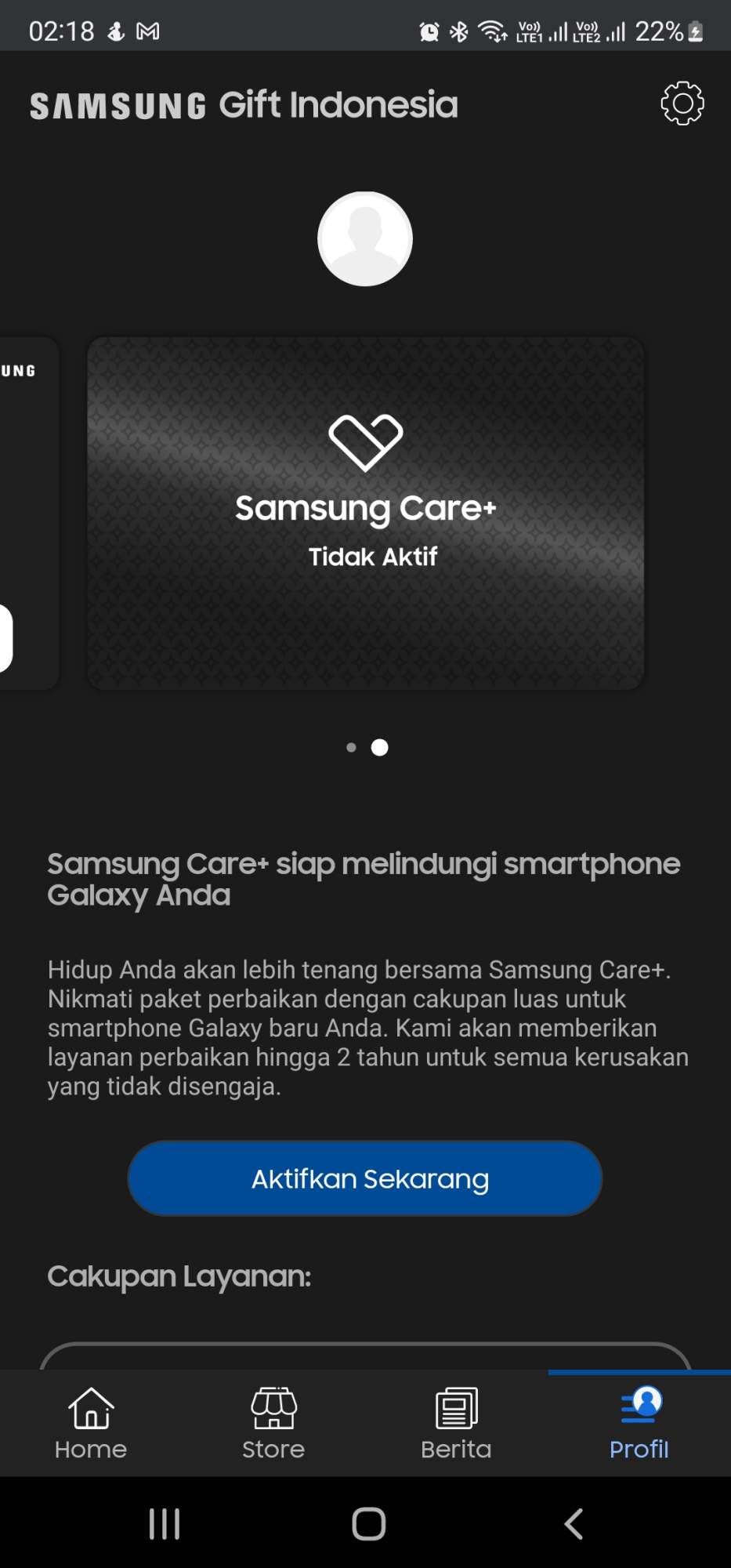 Tampilan Samsung Care+ dalam aplikasi Samsung Gift Indonesia