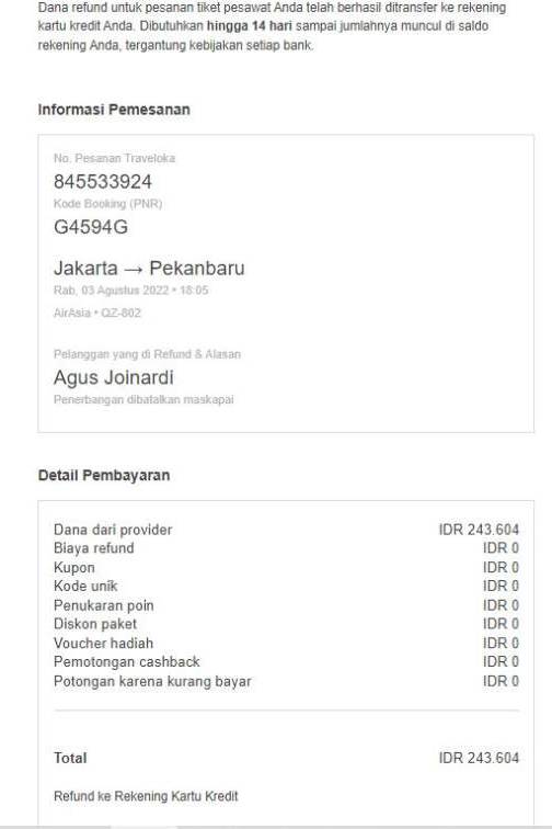 Refund dari airasia tidak full