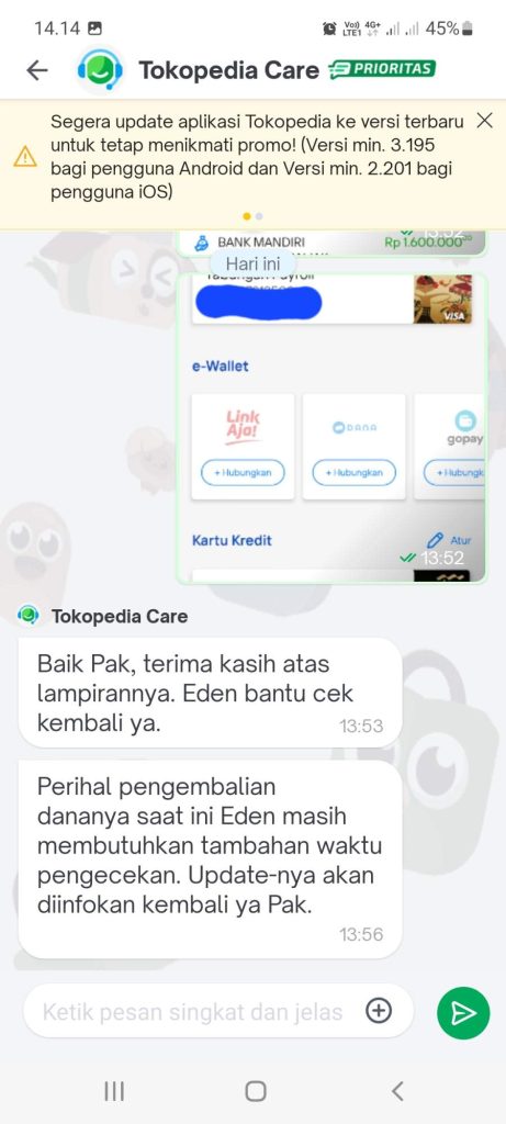 Tokopedia Belum Melakukan Refund Limit Kartu Kredit