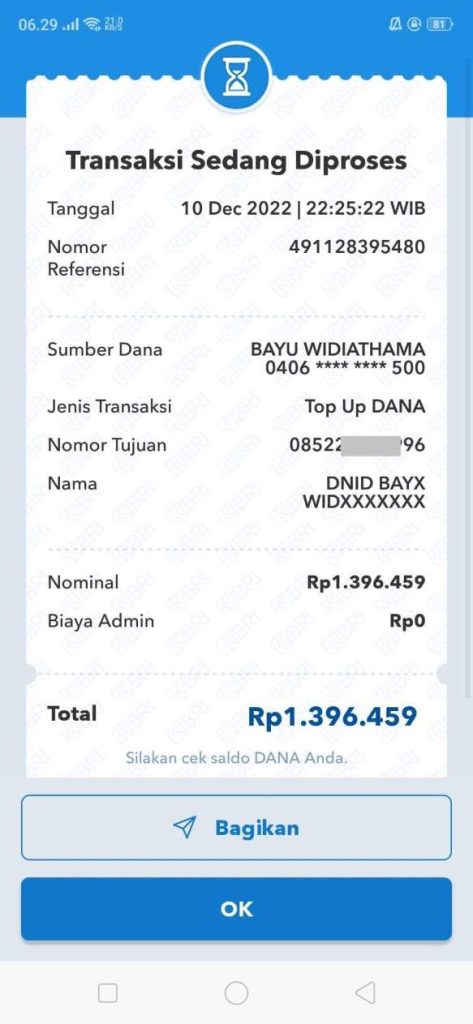 Top Up Dana Melalui Brimo Status Sedang Diproses Tapi Saldo Sudah