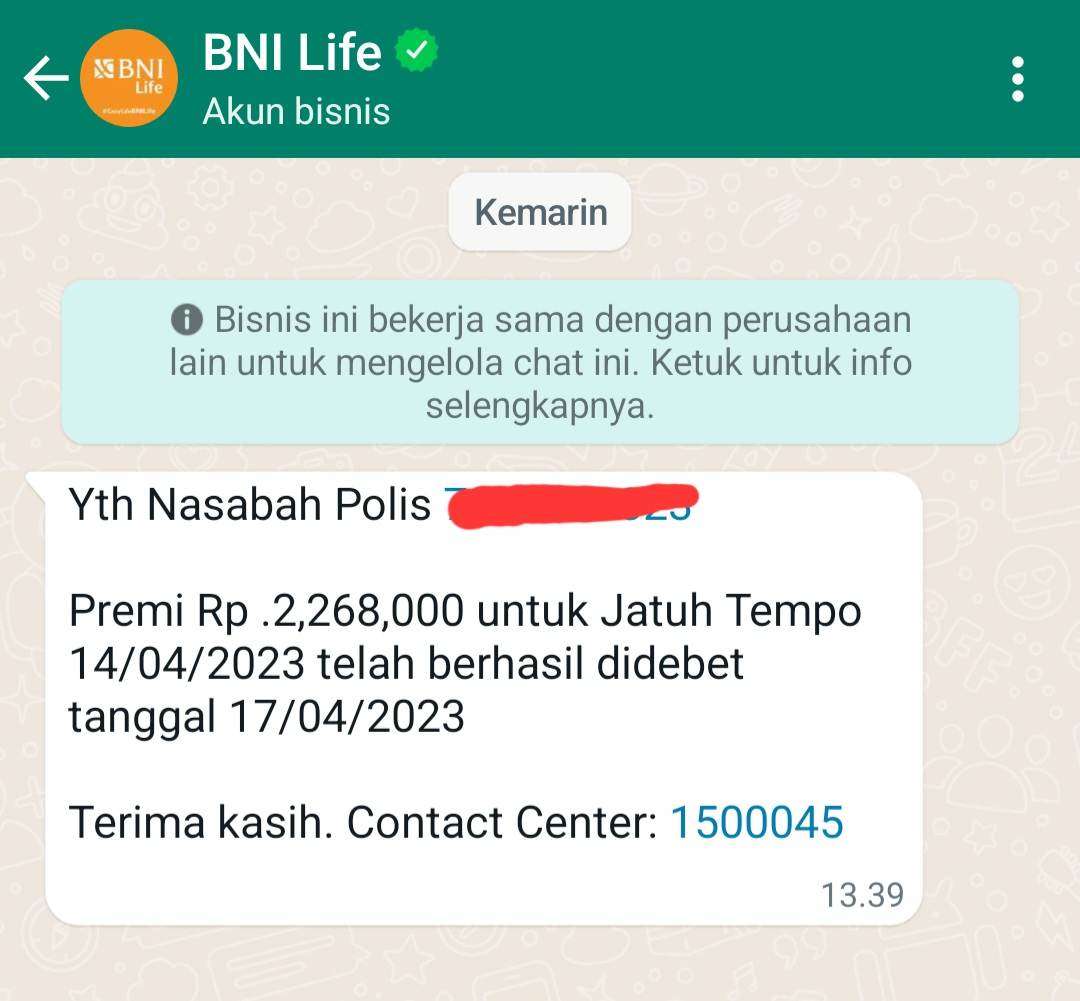Pesan Notifikasi WhatsApp Penarikan Premi Asuransi BNI Life Insurance 