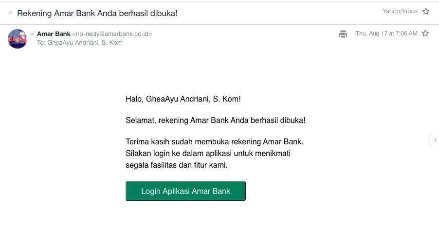 Notifikasi pembukaan acc Amar Bank