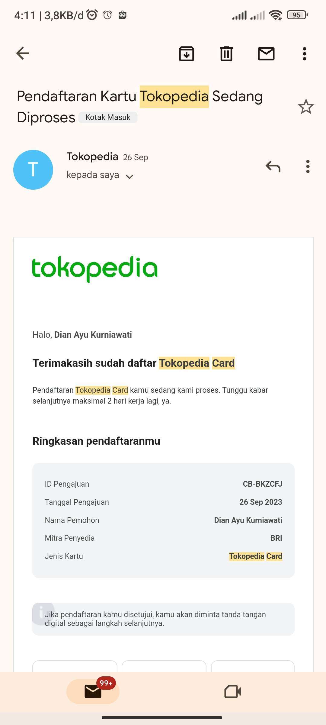 Bukti pendaftaran Tokopedia Card