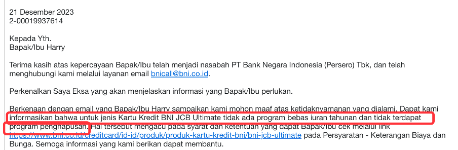  Screenshot balasan dari CS Bank BNI yang menyatakan bahwa tidak ada program bebas iuran tahunan