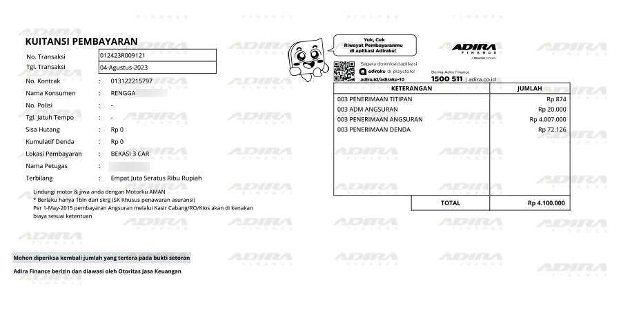 Biaya Administrasi Pembayaran Angsuran Melalui Kantor Cabang Adira