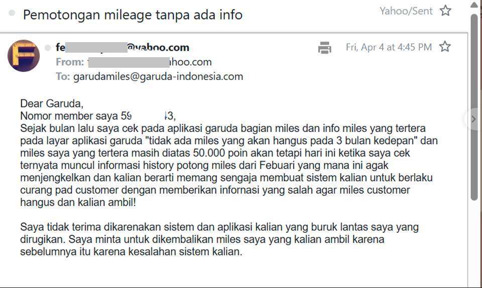 Pemotongan Miles Garuda Indonesia Tanpa Ada Informasi