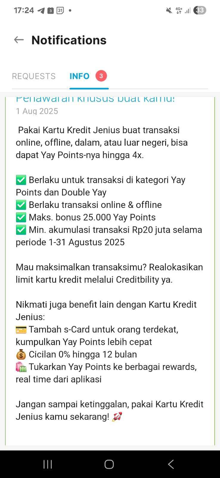Jenius Belum Memberikan Bonus 4x Yay Points Promo Agustus 2025