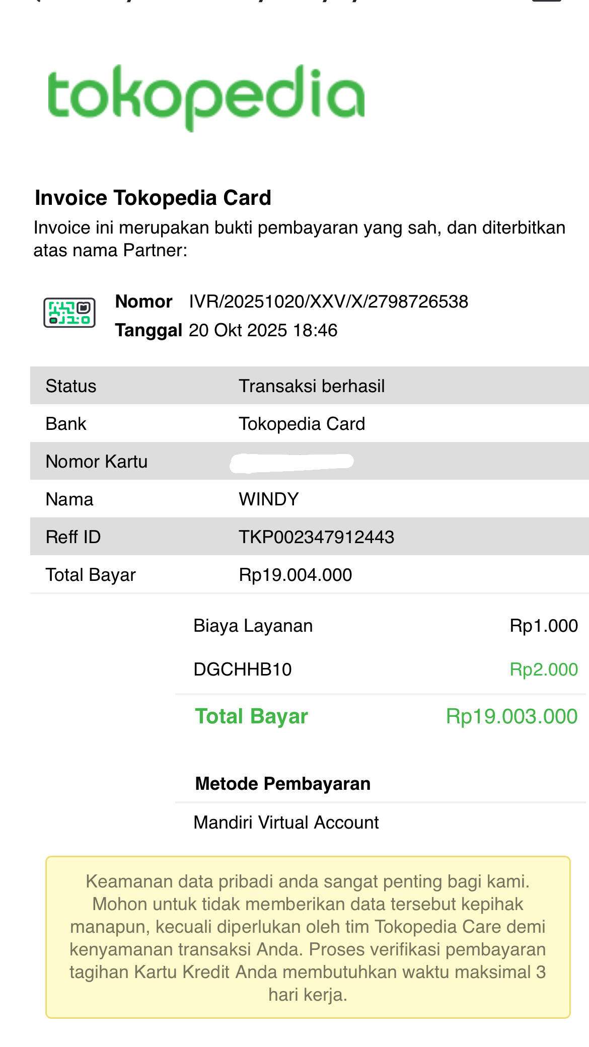 Masalah Pembayaran Tagihan Kartu Kredit BRI Senilai Rp19 Juta via Tokopedia