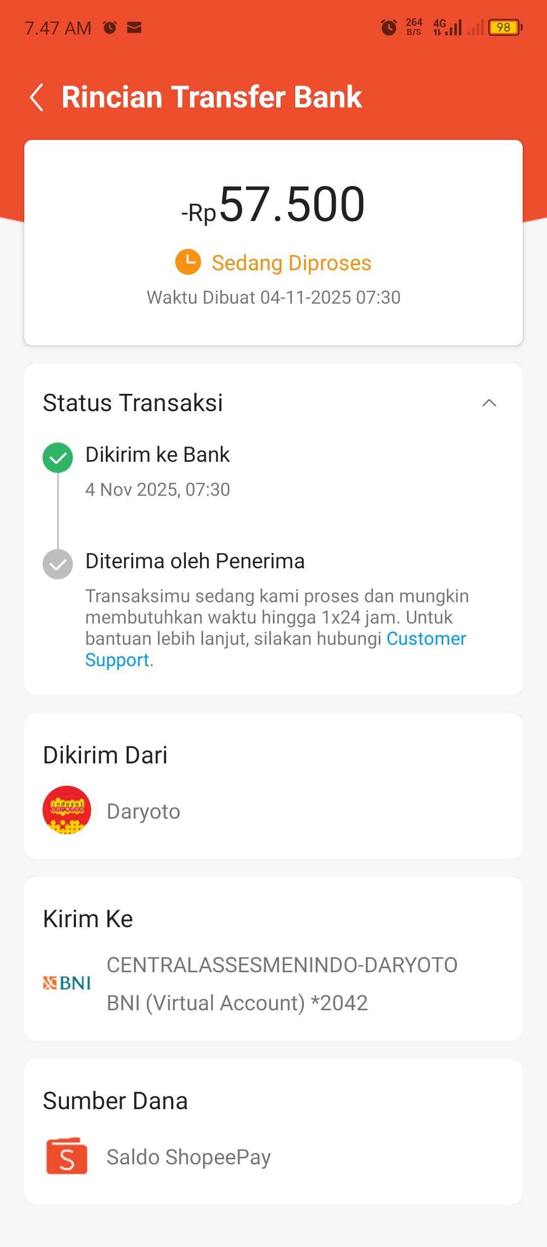 Transfer dari ShopeePay ke Bank BNI Masih Diproses, Padahal Sudah Lewat 24 Jam