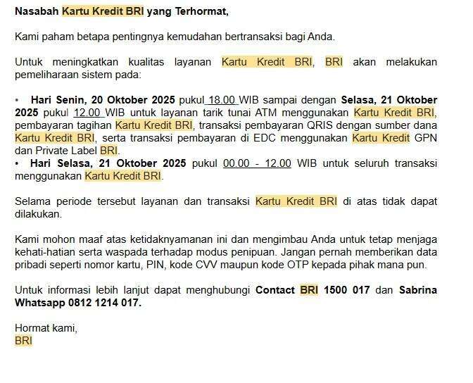 Sejumlah Permasalahan Sistem Kartu Kredit BRI Pasca Maintenance