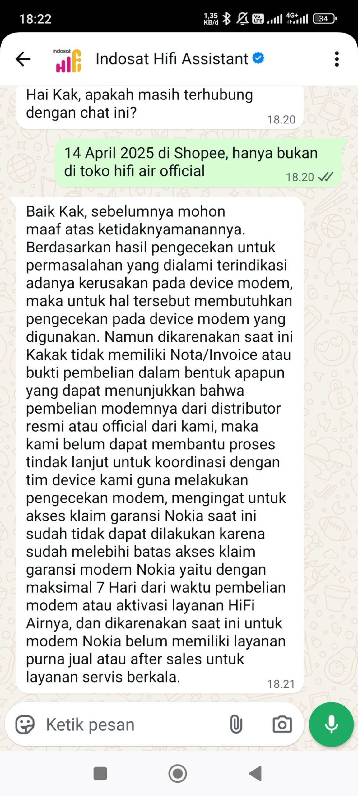 Pelayanan Indosat HiFi Air Mengecewakan