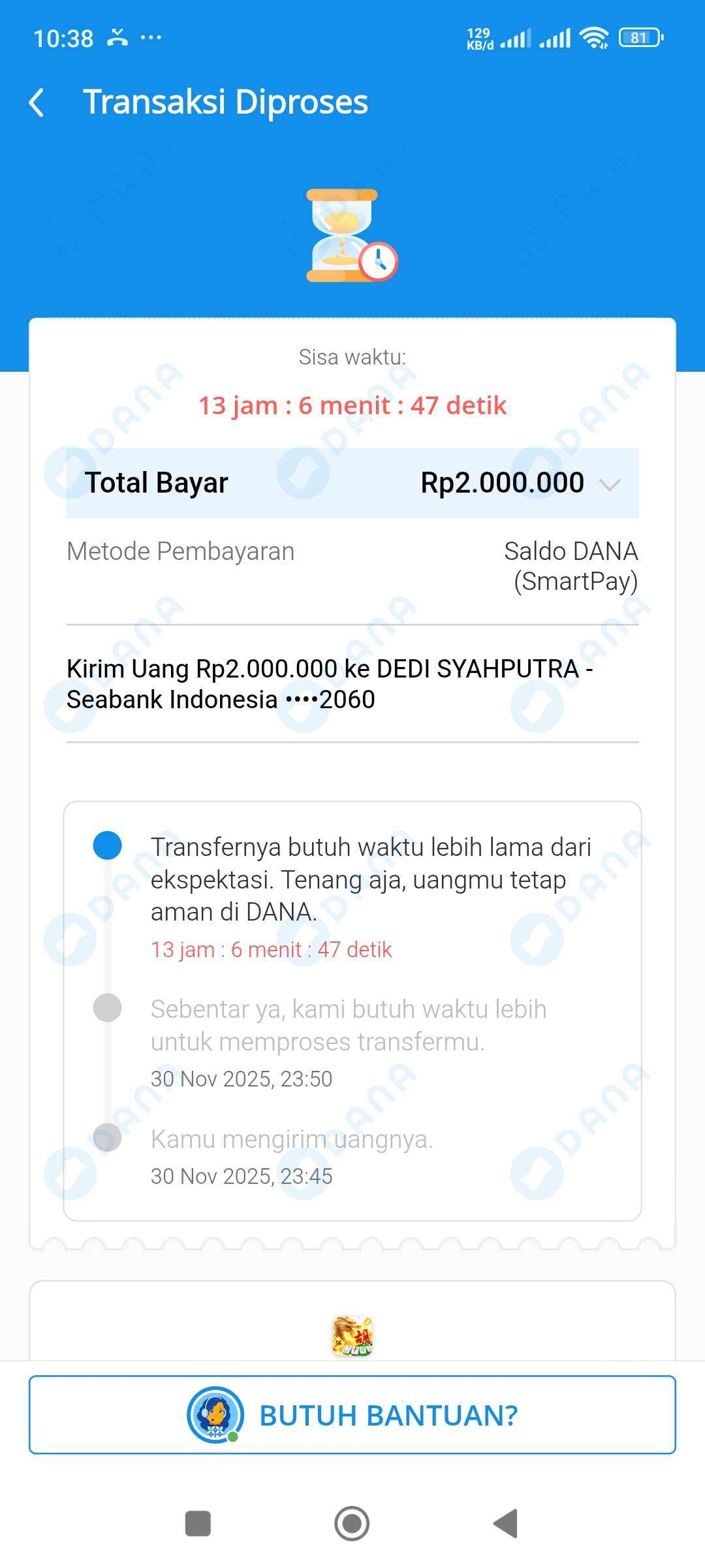 Transfer dari DANA ke SeaBank Tidak Terkirim Sejak Tadi Malam, Mohon Dibantu