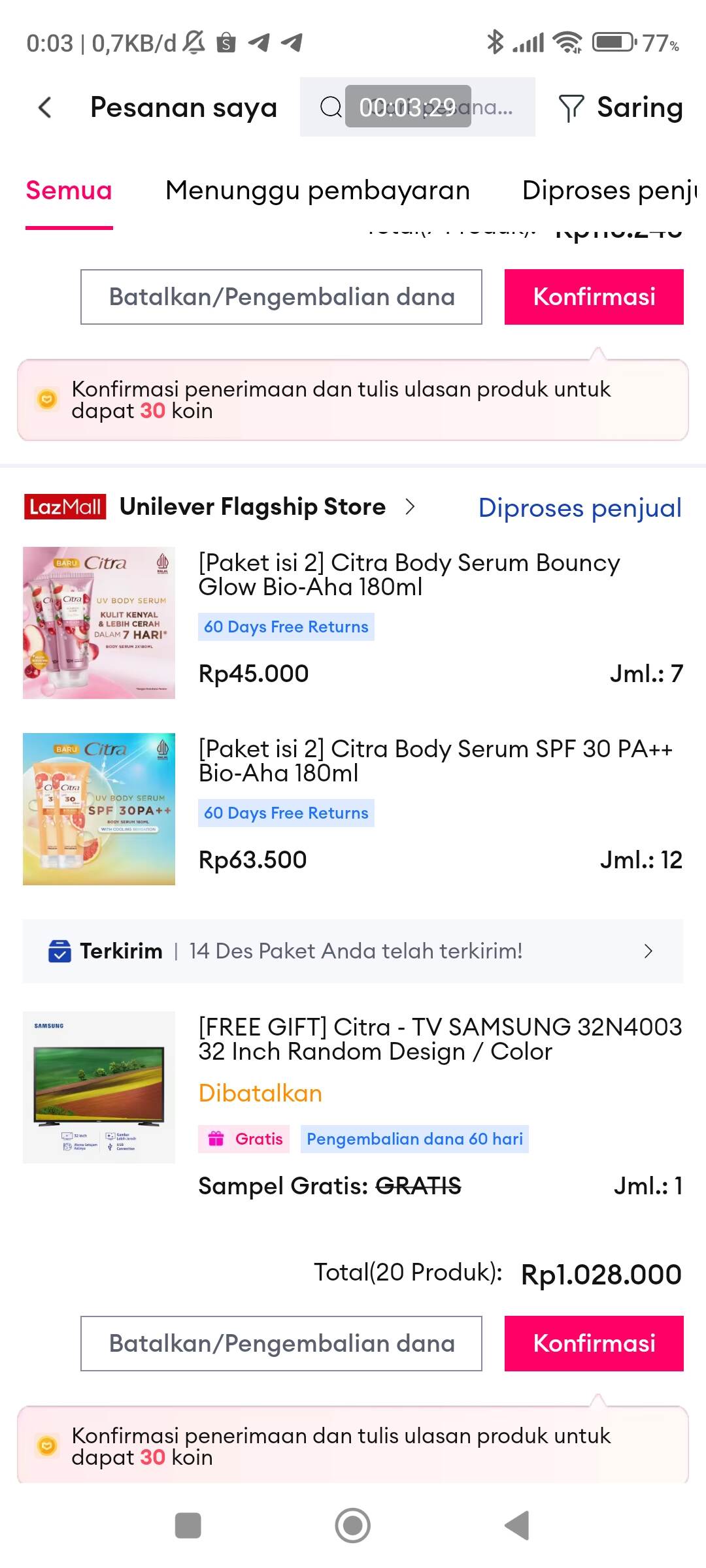 Free Gift TV dari Unilever Flagship Store di Lazada Tidak Dikirim