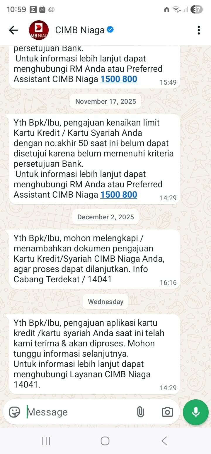 Informasi WhatsApp dan CS Berbeda: Buruknya Integrasi Sistem Pengajuan Kartu Kredit CIMB Niaga