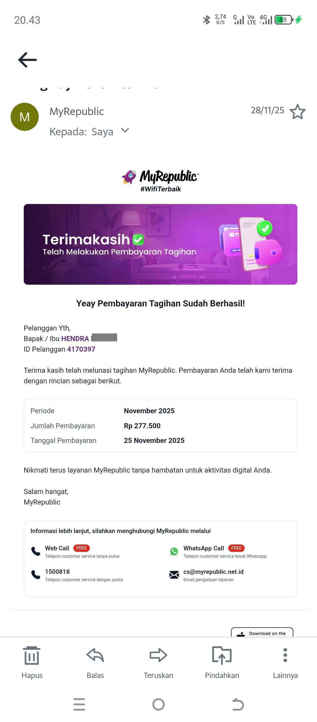 Permintaan Pemutusan Berlangganan WiFi MyRepublic yang Berbelit-belit serta Kelebihan Bayar Tagihan Tidak Bisa di-Refund