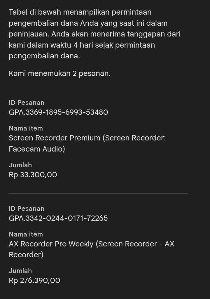 Google Play Tidak Membatalkan Pembayaran Produk di Dua Aplikasi Screen Recorder, Padahal Saya Tidak Pernah Mendapatkan Produk Langganan Maupun Menggunakannya