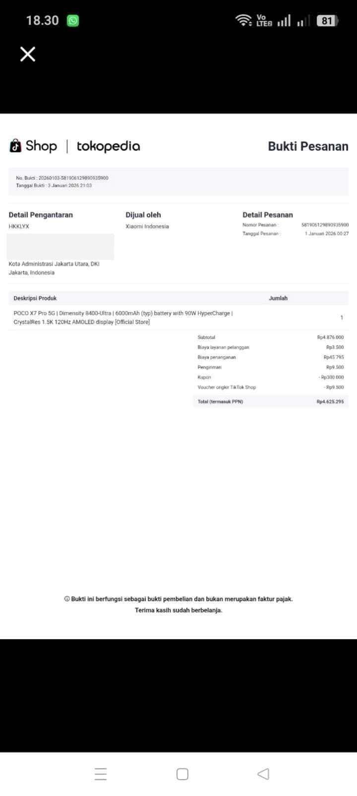 Ponsel POCO X7 Pro Tidak Ada di Dalam Paket, Pengajuan Refund Ditolak Meski Platform Mengakui Adanya Kendala Logistik