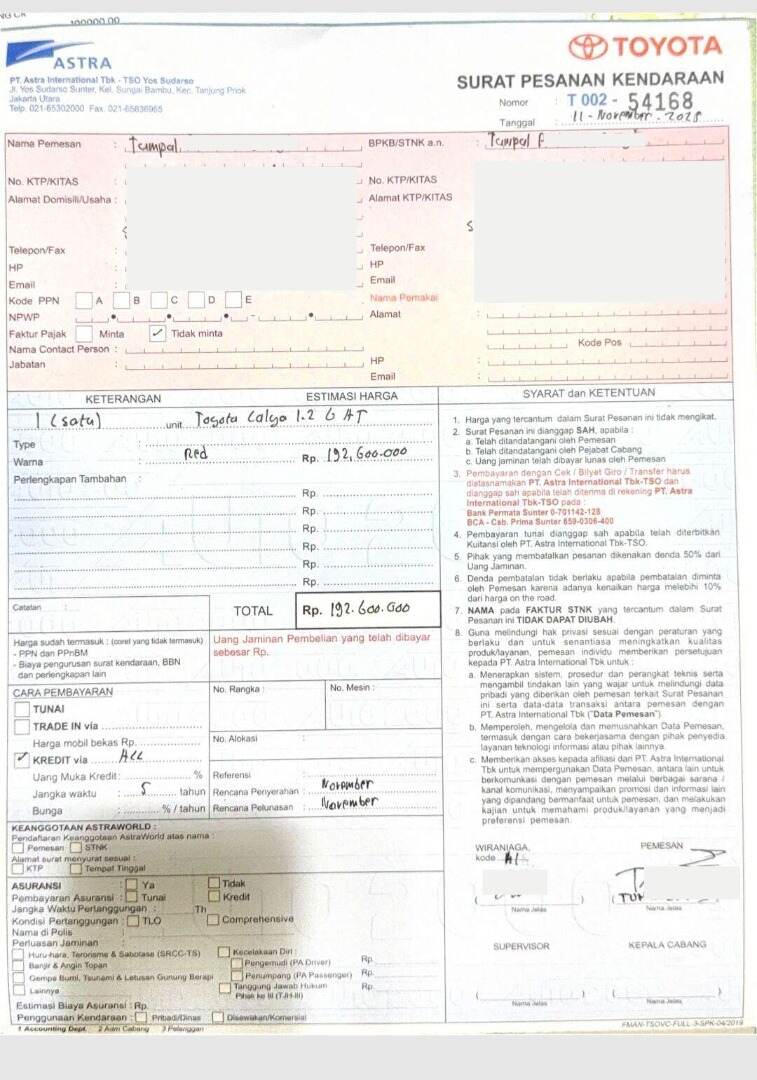 Booking Fee Toyota Calya di Auto2000 Tak Kunjung Dikembalikan