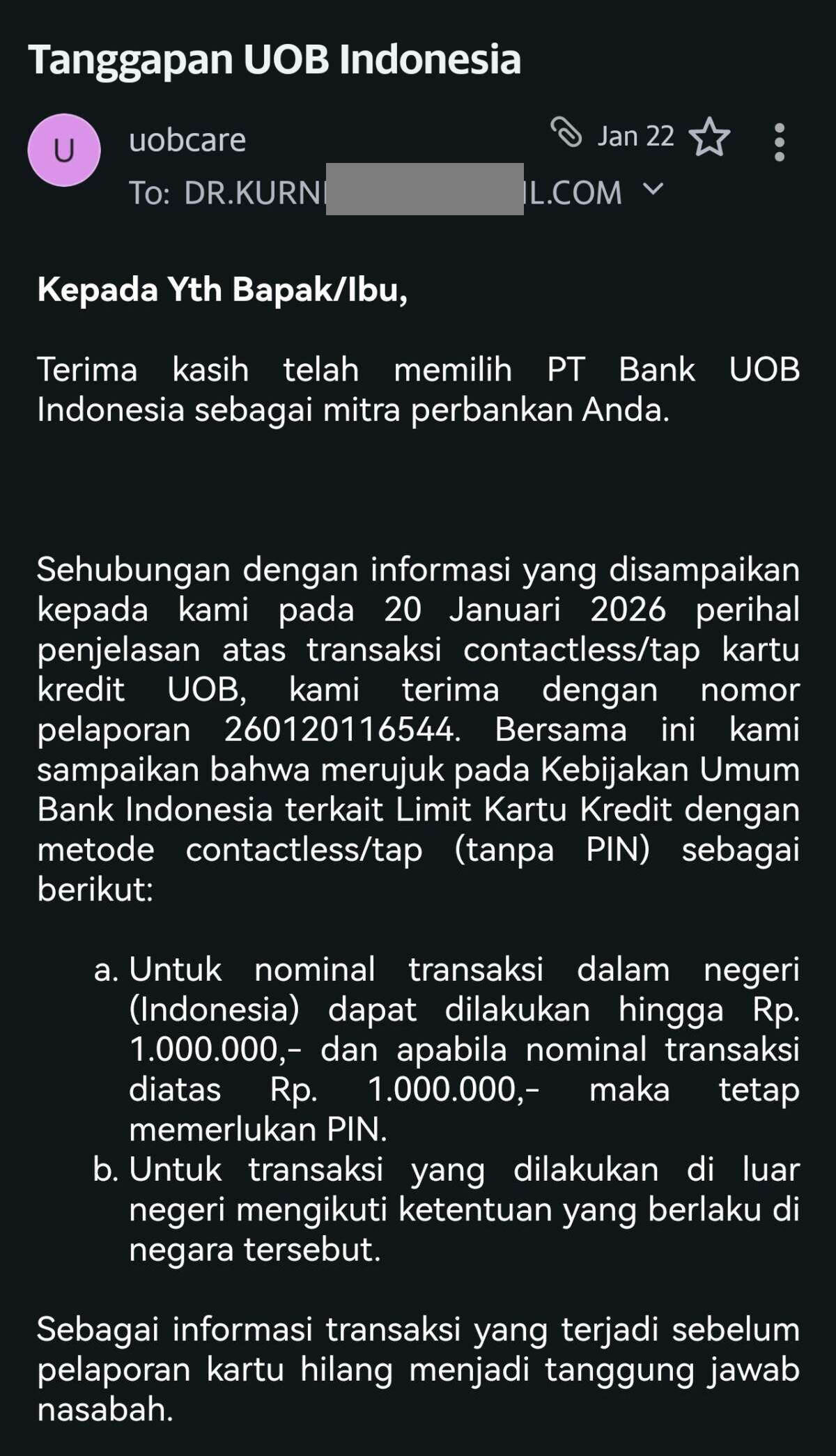 Keberatan Atas Penolakan Sanggahan Transaksi Contactless Kartu Kredit UOB yang Hilang