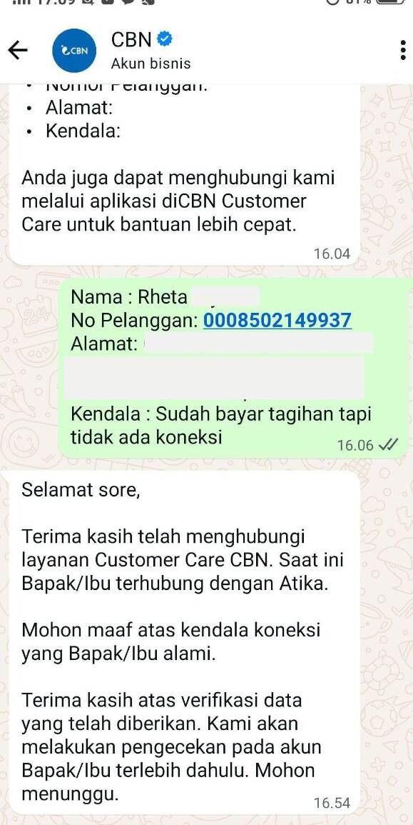 Tidak Puas dengan Jawaban CS CBN Internet