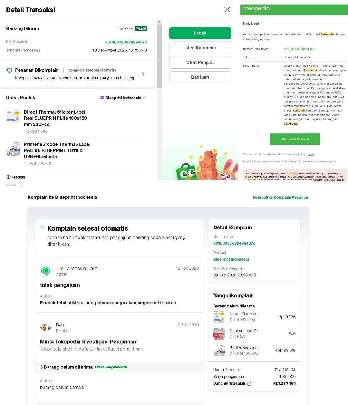 Pembelian Barang dari Tokopedia Sudah 2 Bulan Tidak Sampai dan Komplain Ditolak Otomatis, Dana Tidak Direfund Meski Diasuransikan