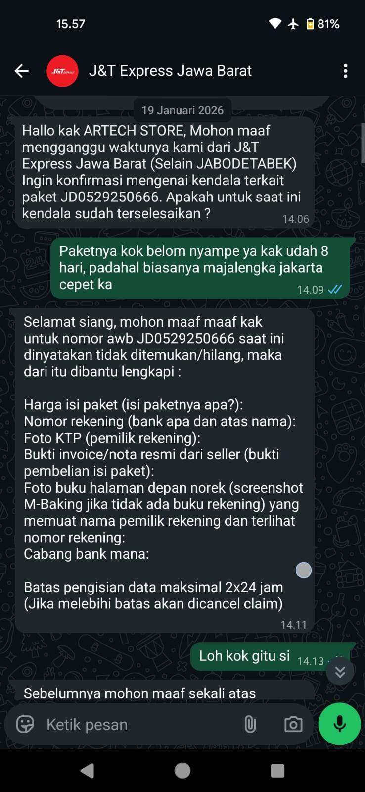 Sudah Sebulan Klaim Ganti Rugi Paket Hilang oleh J&T Belum Cair Padahal Data Lengkap Sejak 19 Januari 2026