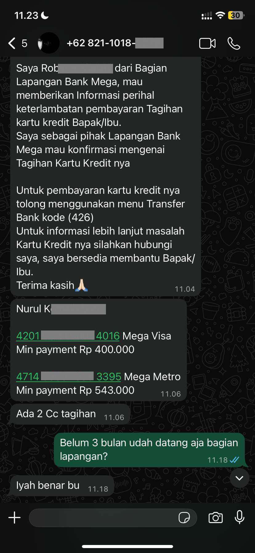 Penagihan DC Lapangan Kartu Kredit Bank Mega Padahal Jatuh Tempo Belum 3 Bulan
