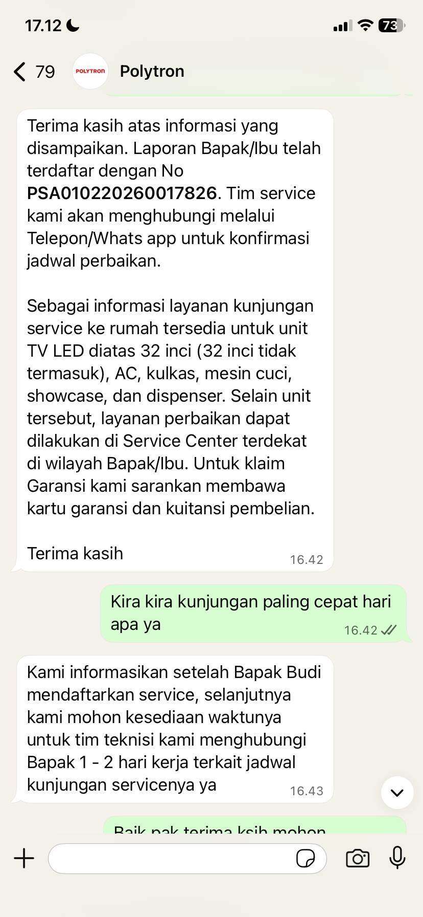 Layanan Service Polytron Berlarut-larut, Janji Teknisi Berulang Kali Tidak Ditepati hingga Saat Ini