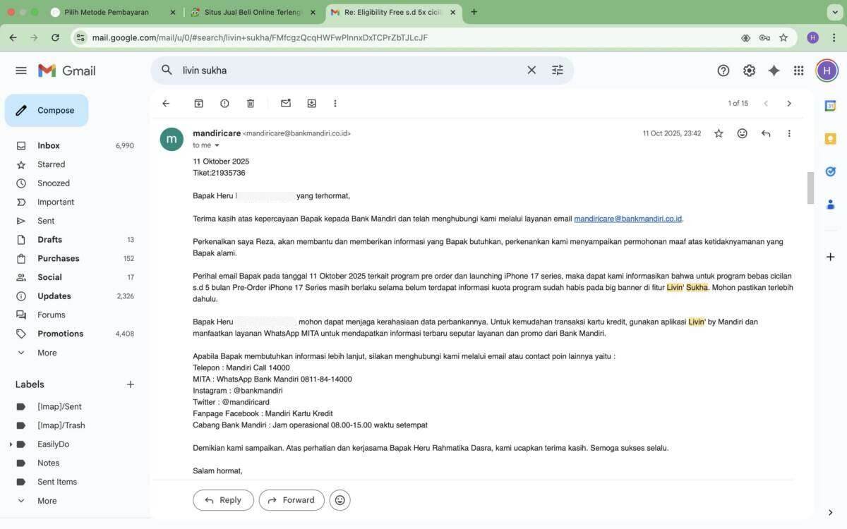 Cashback Pre-Order iPhone 17 Livin Sukha Bank Mandiri Tidak Kunjung Diberikan Setelah 3 Bulan Periode Berakhir