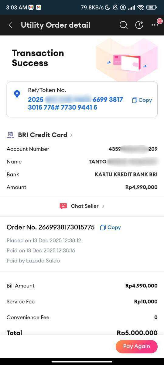 Pembayaran Tagihan CC BRI Sebesar Rp5 Juta via Lazada Status “Success”, Namun Sudah 2 Bulan Dana Tidak Masuk ke Kartu Kredit