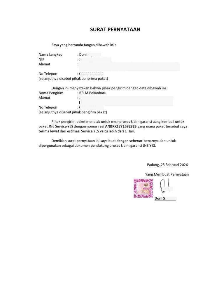 Klaim Garansi JNE YES Dipersulit? Paket Terlambat, Penerima Diminta Urus Sendiri dan Melengkapi Berkas