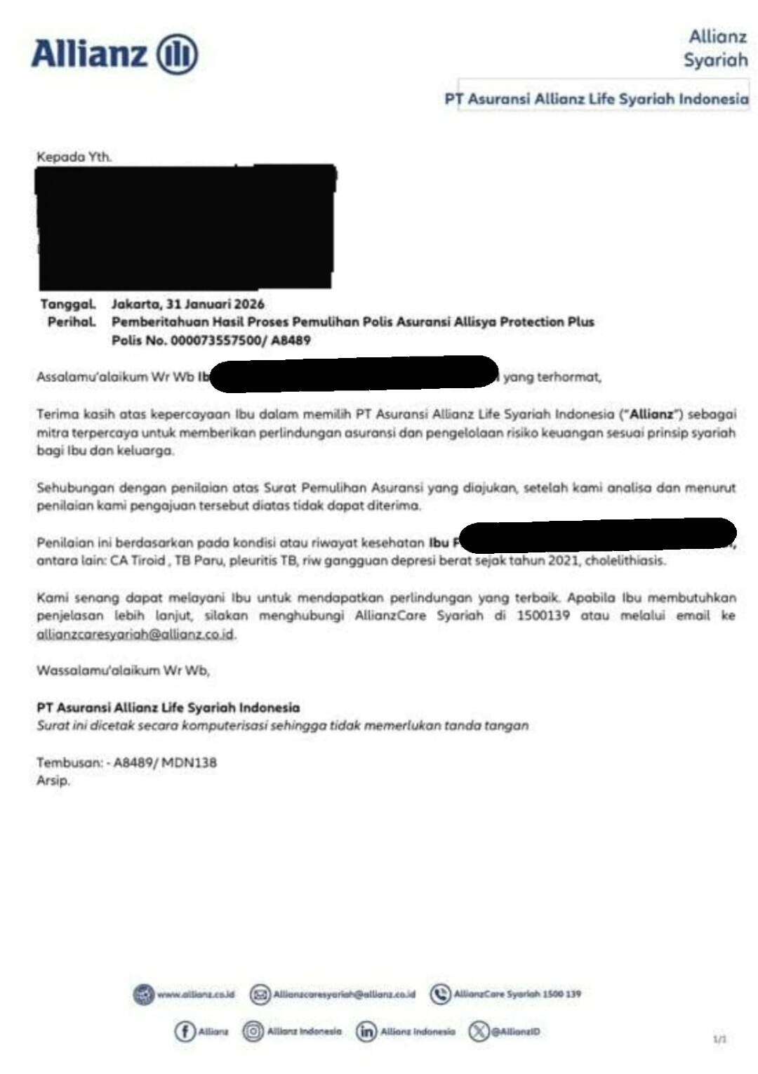 Permintaan Klarifikasi dan Transparansi Dasar Penolakan Reinstatement Polis Allianz