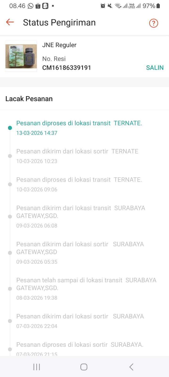 Paket Stuck di JNE Transit Ternate Sejak Tanggal 10 Maret