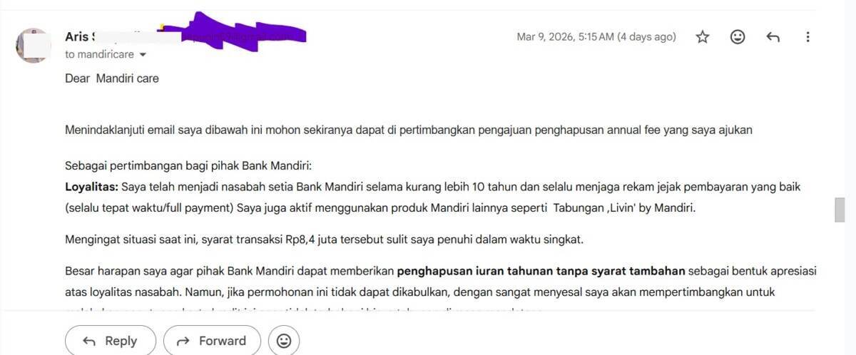 Pengajuan Penghapusan Annual Fee Kartu Kredit Bank Mandiri yang Sangat Susah