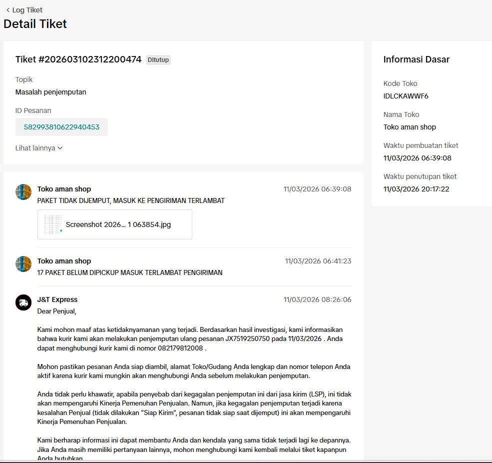 17 Paket Tidak Dipickup Kurir J&T Express, Rating Toko Turun tapi Permintaan Hapus Kurir Ditolak TikTok Shop