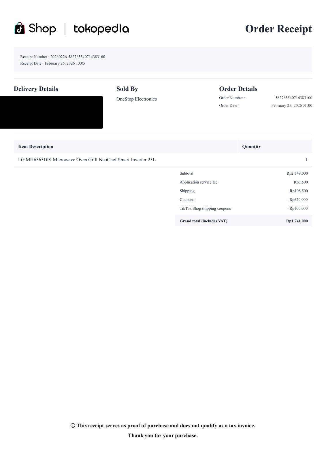 Permohonan Pengembalian Barang dan Pengembalian Dana atas Microwave Cacat Senilai Rp1.741.000 yang Ditolak oleh TikTok Shop