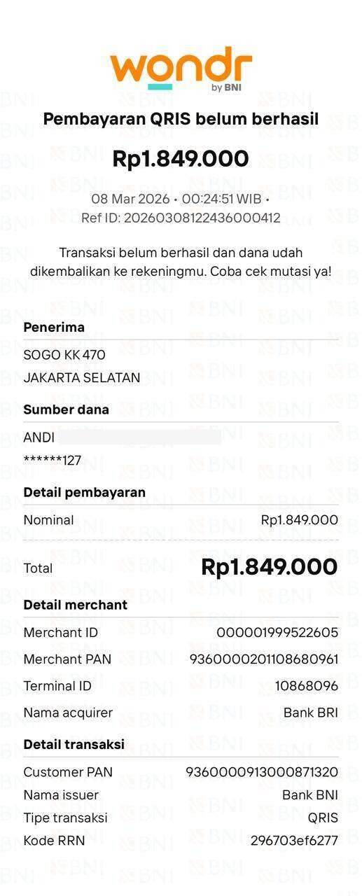 Dana Rp1,8 Juta Terpotong Meski Transaksi QRIS Gagal, Pelayanan Pengaduan BNI Buruk dan Pengembalian Dana Lambat