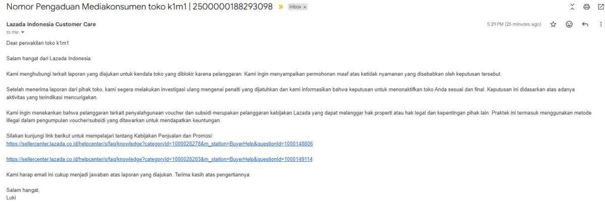 Lazada Tidak Menjelaskan Alasan Penolakan Banding