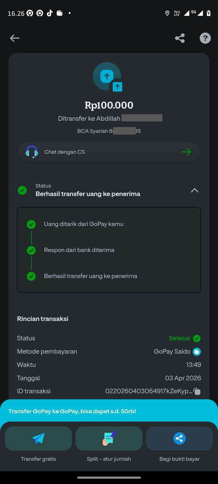 Transfer GoPay Belum Masuk ke Saldo BCA Syariah