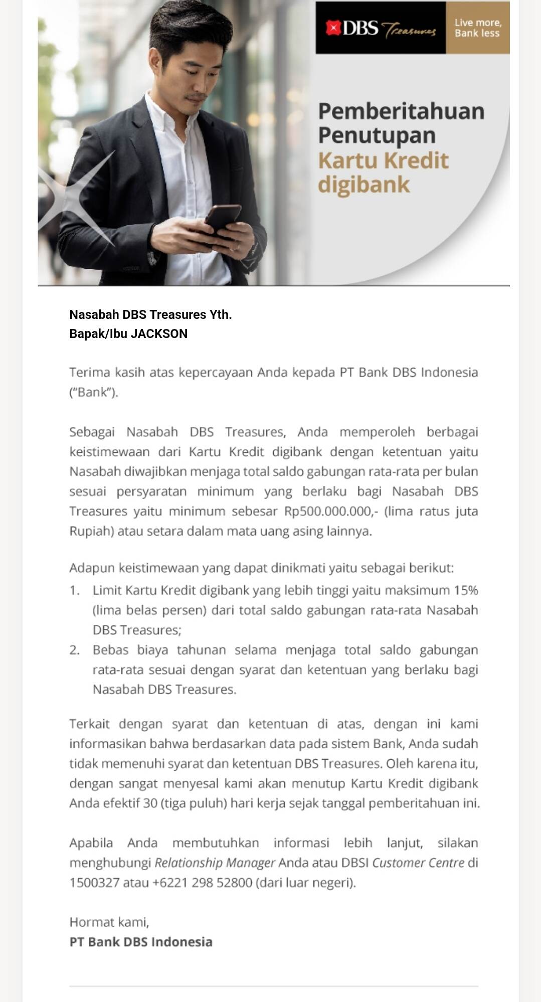 Kartu Kredit DBS Ditutup Sepihak, Diminta Top Up Rp760 Juta agar Tetap Aktif