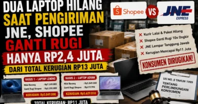 Dua Laptop Hilang Saat Pengiriman JNE, Shopee Ganti Rugi Hanya Rp2,4 Juta dari Total Kerugian Rp13 Juta